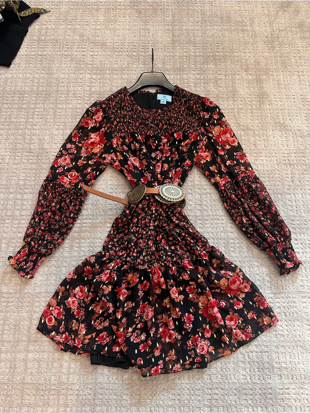 CeCe Black Floral Smocked Long-Sleeve Mini Dress with Red Rose Print